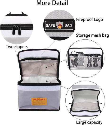 Fireproof & Waterproof Lipo Battery Safe Storage Bag, Large Capacity Explosion-Proof Case with Double Zipper for Charging/Transport, Silver Grey (10.24"x7.09"x5.12")
