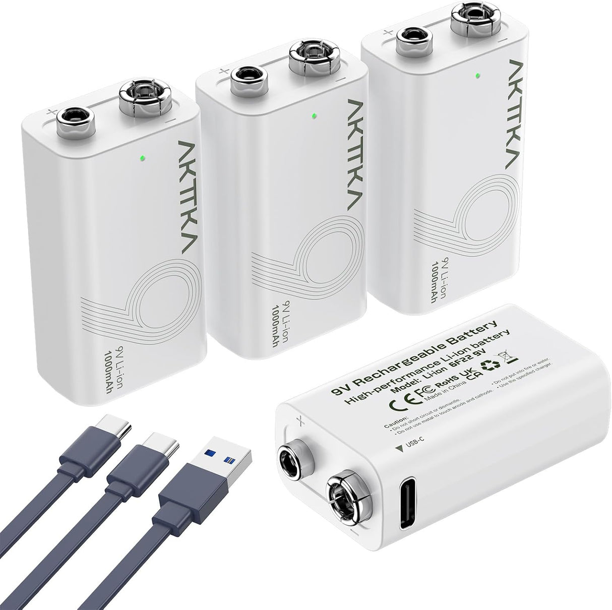 AKTTKA 9V Rechargeable Li-ion Batteries 1000mAh + USB-C (4-Pack)