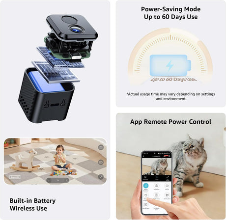 Mini Camera 4K Indoor Security Camera with 3-Day Cloud Storage, App Control & Remote Access, AI Motion Detection, Night Vision, 60-Day Battery, Smart Standby, Compact Design for Home Monitoring