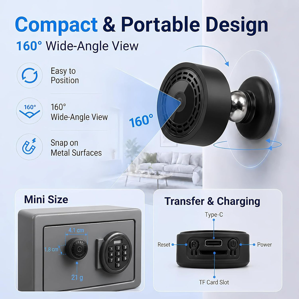 Mini 4K WiFi Indoor Security Camera for Home with App Control, Portable Monitoring Camera Supporting Motion Detection, Night Vision, Local & Cloud Storage for Baby, Elderly, Pets and Office