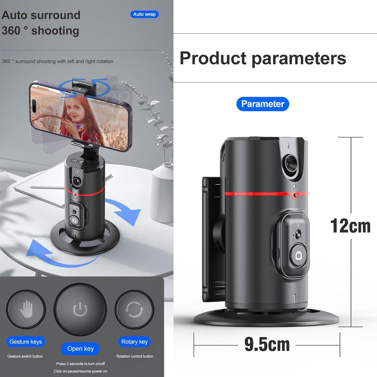 Auto Face Tracking Tripod, Smart Selfie Stick Object Tracking Holder, No App Required, 360° Rotation Body Phone Camera Mount with Detachable Remote, Smart Shooting Holder With Gesture Control