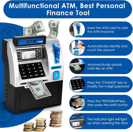 Electronic Piggy Bank for Kids, ATM Digital Savings Bank Money Box, Coin Recognition with Card & Password, Children’s Money Bank with LCD Display & Sound (Black)