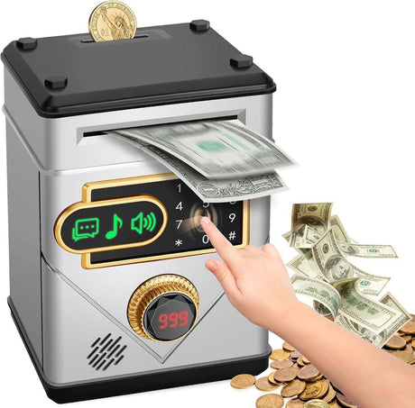 Piggy Bank for Kids, Touchscreen Electronic Piggy Bank Mini ATM, Coin Banks with Password & 10 Songs, Auto Money Scroll, Counting The Number, Adults Digital Real Money Box (Silver)