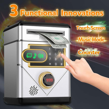 Piggy Bank for Kids, Touchscreen Electronic Piggy Bank Mini ATM, Coin Banks with Password & 10 Songs, Auto Money Scroll, Counting The Number, Adults Digital Real Money Box (Silver)