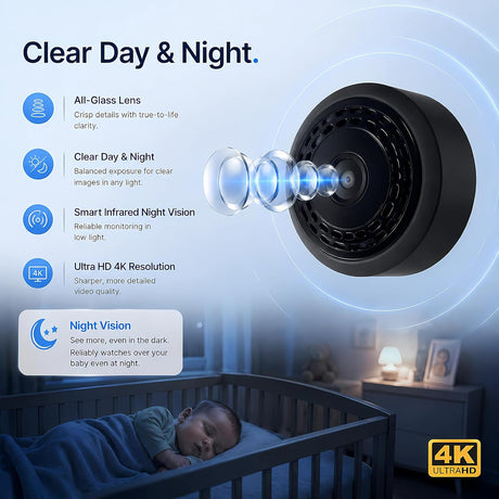 Mini 4K WiFi Indoor Security Camera for Home with App Control, Portable Monitoring Camera Supporting Motion Detection, Night Vision, Local & Cloud Storage for Baby, Elderly, Pets and Office