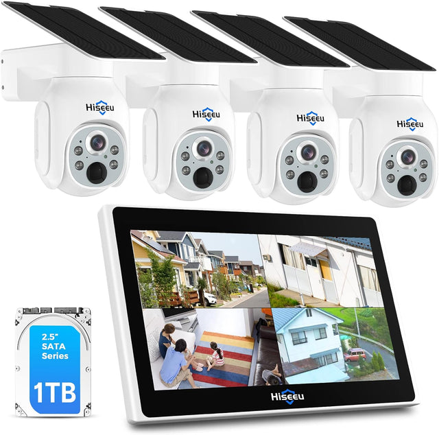 Hiseeu Solar Camera Outdoor, 4PCS 4MP Wireless Security Camera System with 10in LCD, 2-Way Audio, PT 360, Night Vision, Motion Detection, 10CH Expandable, 2.4G WiFi