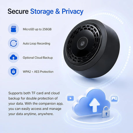 Mini 4K WiFi Indoor Security Camera for Home with App Control, Portable Monitoring Camera Supporting Motion Detection, Night Vision, Local & Cloud Storage for Baby, Elderly, Pets and Office