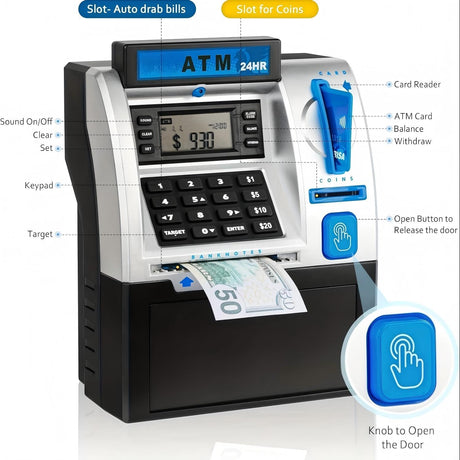 Electronic Piggy Bank for Kids, ATM Digital Savings Bank Money Box, Coin Recognition with Card & Password, Children’s Money Bank with LCD Display & Sound (Black)