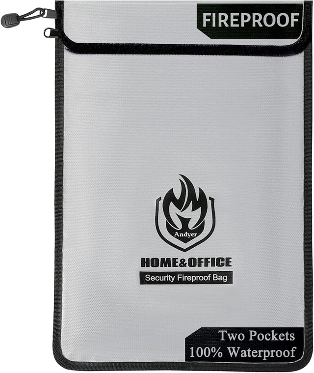 andyer Upgraded Two Pockets Fireproof Document Bag (2000℉), 15”x 11”Waterproof and Fireproof Money Bag with Zipper, Fire Safe Storage for Valuables,Money,Jewelry,Legal Documents,File and Tablet