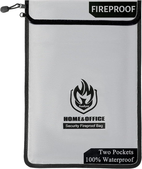 andyer Upgraded Two Pockets Fireproof Document Bag (2000℉), 15”x 11”Waterproof and Fireproof Money Bag with Zipper, Fire Safe Storage for Valuables,Money,Jewelry,Legal Documents,File and Tablet