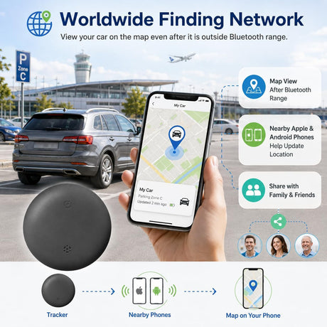 Car Tracker Support Android and iOS Systems, Magnetic Bluetooth Finder for Car with Alerts, Global positioning function,1 Year Battery Life (Includes Keychain, Strap & Mount)