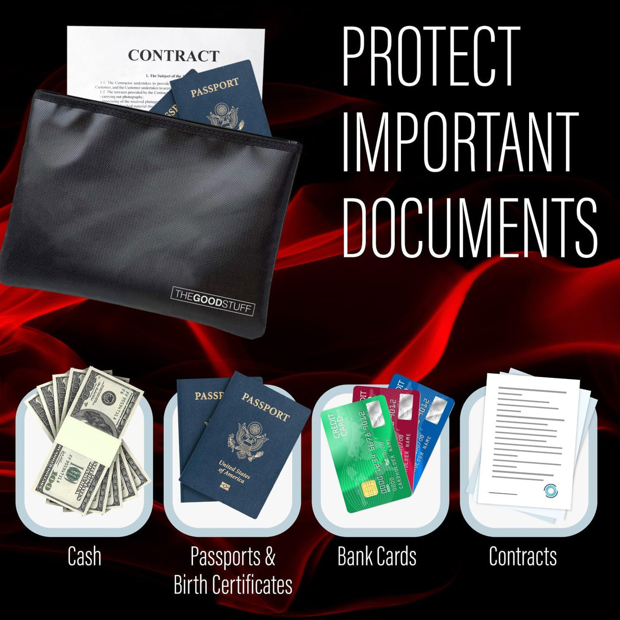 The Good Stuff Water and Fireproof Pouch (2000℉) - Protect Money, Passports, and Documents with a Fireproof Money Bag for Cash, Safe Money Storage Bags Fire Proof Waterproof