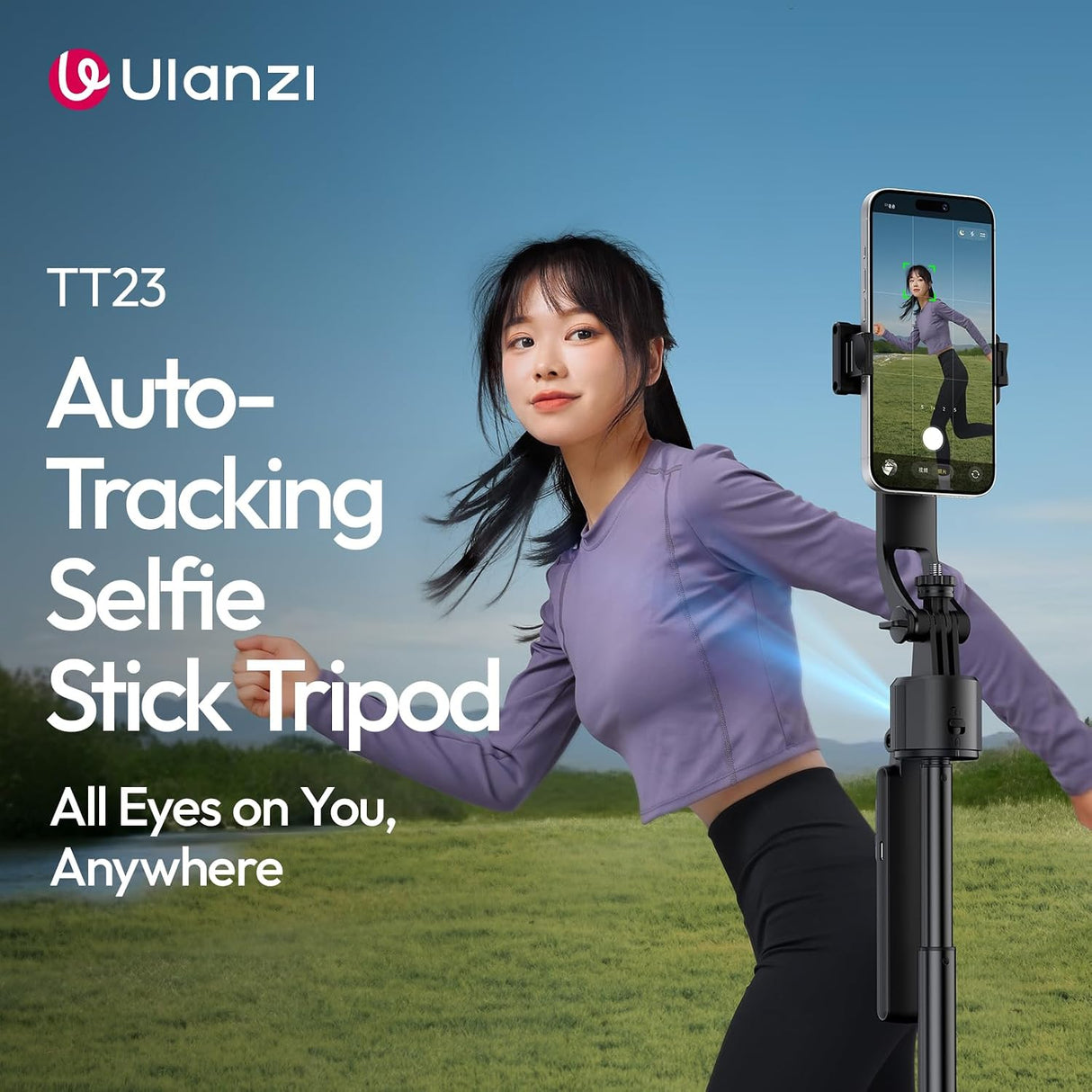 Ulanzi TT23 Auto Face Tracking Tripod for Smartphones, 165cm Cell Phone Selfie Stick, 360° Rotation Tripod with Bluetooth Remote & Gesture Control, Selfie Stick for iPhone/Action Camera