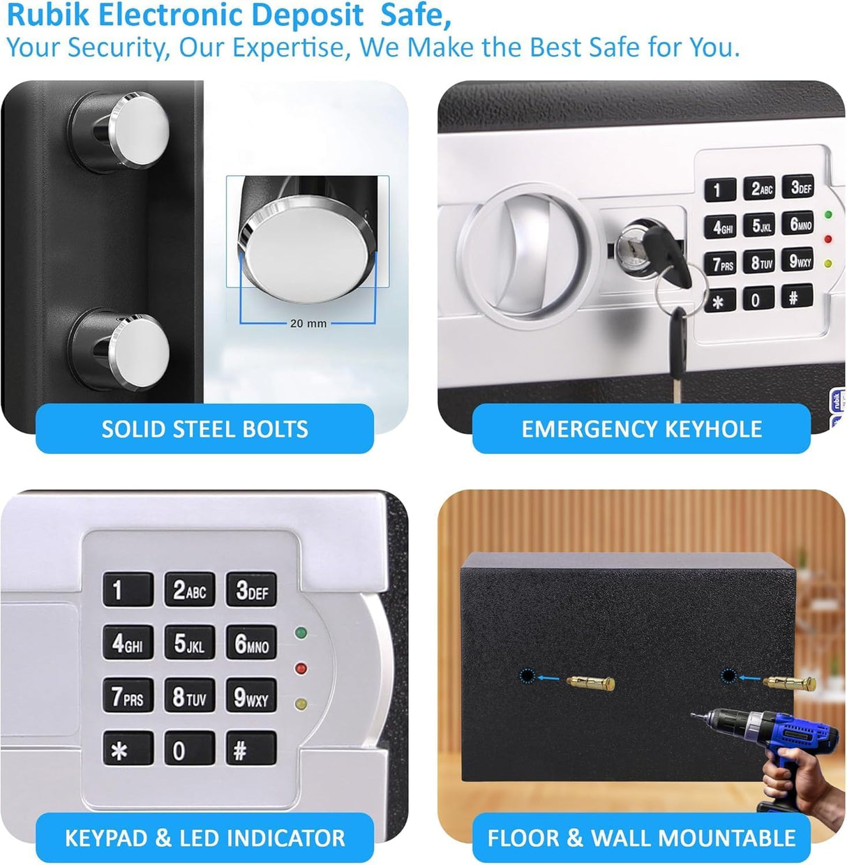 Rubik Safe Box A4 Document Size with Digital Lock and Override Key for Home Office Shop Business RB-25EG6 (25x35x25cm) Black