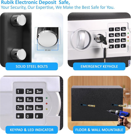 Rubik Safe Box A4 Document Size with Digital Lock and Override Key for Home Office Shop Business RB-25EG6 (25x35x25cm) Black