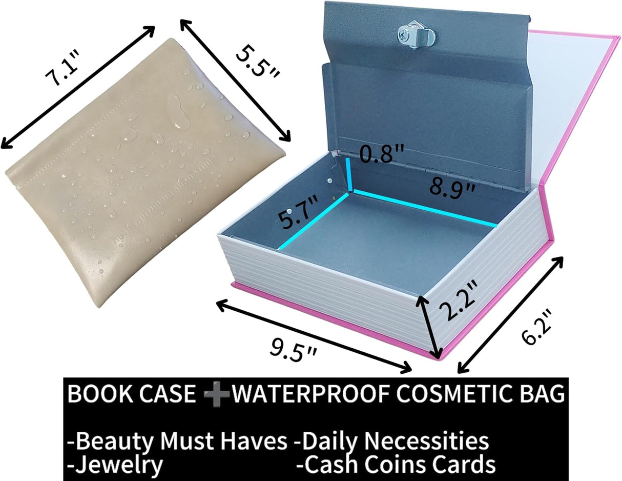Book Safe Storage Box with Key Lock, Book Safe Lock Box,Fake Book Box with Waterproof Cosmetic Bag, Secret Compartment for Valuables,Hidden safes in Plain Sight(Pink Memory)