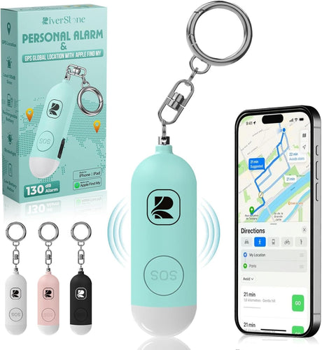Riverstone Personal Security Tracker Alarm 130dB with Apple Find My GPS Only for iOS, Stop Aggression, Siren Emergency Self-Defense & Anti Removal Key Ring for Women and Children