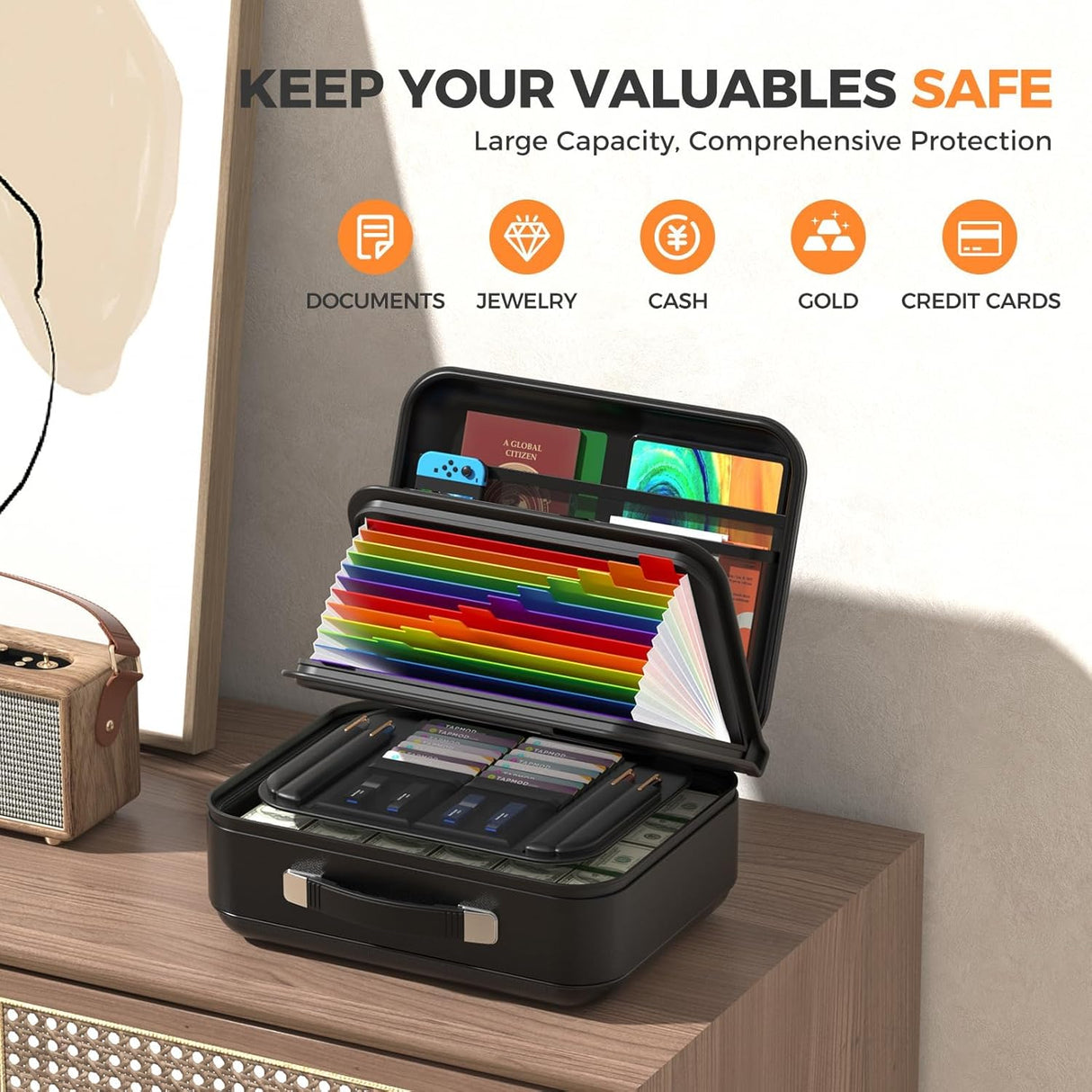 Fireproof Document Box with Lock, Hard Fireproof Waterproof Box Creative Hard-Shell Design Fireproof Safe Box Document Organizer for Important Documents Certificates Laptop Passports (Black)