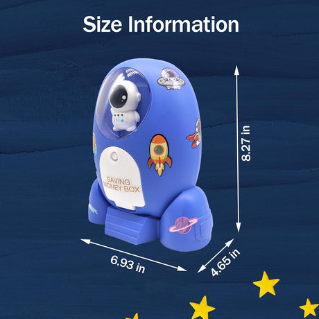 Rocket Ship Coin Bank for Boys Money Safe Astronaut Coin Banks for Kids Cash Coin Can ATM Bank Coin Money Bank for Kids with Key Astronaut Sticker Practical Gifts for Children Boys and Girls (Blue)