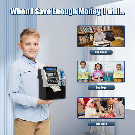 Electronic Piggy Bank for Kids, ATM Digital Savings Bank Money Box, Coin Recognition with Card & Password, Children’s Money Bank with LCD Display & Sound (Black)