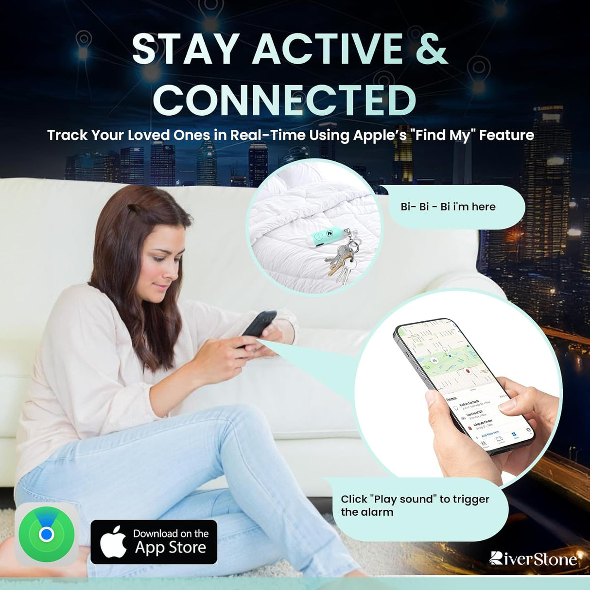 Riverstone Personal Security Tracker Alarm 130dB with Apple Find My GPS Only for iOS, Stop Aggression, Siren Emergency Self-Defense & Anti Removal Key Ring for Women and Children