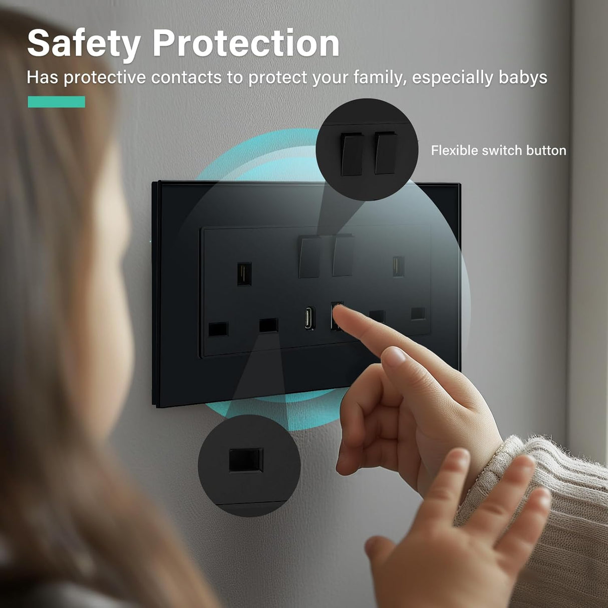 BSEED Double Switched Wall Socket 2 Gang Black with USB C & USB A Charging Ports, 13A Wall Electric Power Socket with Glass Panel