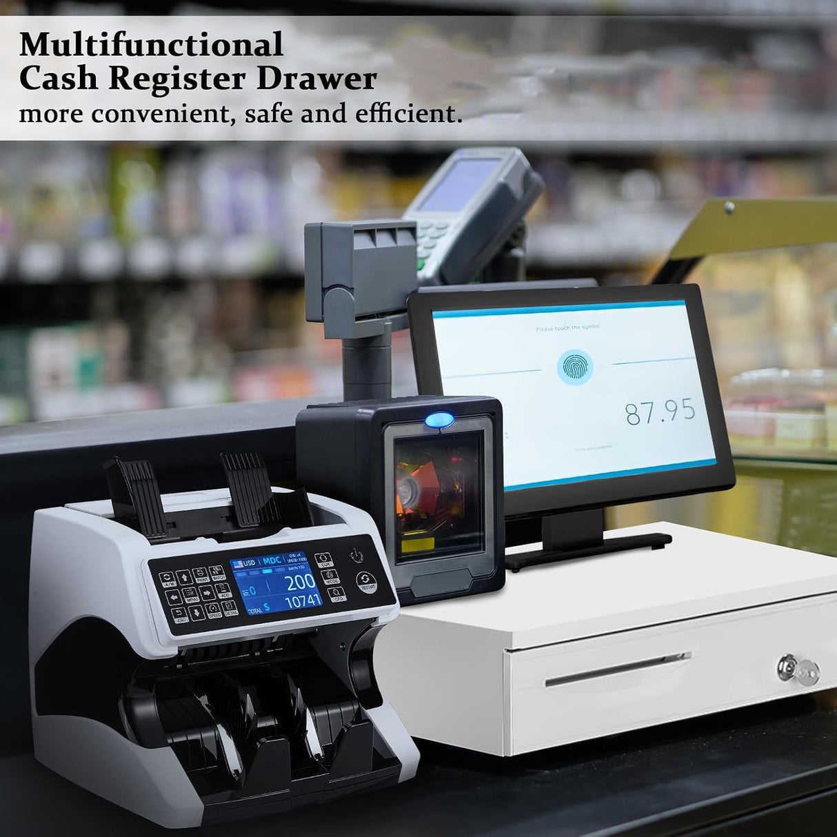 Cash Register Drawer 5 Grids, Cash POS Drawer with Micro Switch Auto Open Secure Money Cash Stand Removable 5 Bill 5 Coin Tray RJ11 Printer 3 Key-Locks for Business Shop Market 40x42x10cm