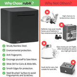 Rubik Piggy Bank for Adults, Stainless Steel Money Saving Box for Cash Coin to Help Budget and Save, Must Break to Access Money (6 Inch) Black