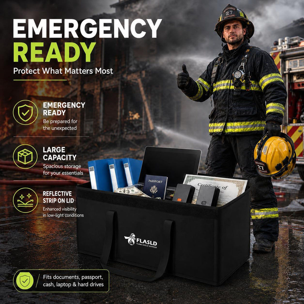 FLASLD Fireproof Document & Money Bags, Large Fireproof & Water Resistant Bag, Fireproof Folder Safe Bag for Cash, Valuables & Passport, with Silicone Coating & Zipper Closure (Storage Bag-24x12x12”)