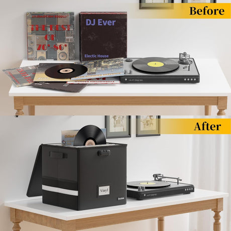 DocSafe Vinyl Record Storage Box with Lock,Fireproof＆Water Resistant Record Organizer Storage for 100+ Single Records(12-inch),Collapsible Storage Crate with Lid&Handles for Valuable Album Collection