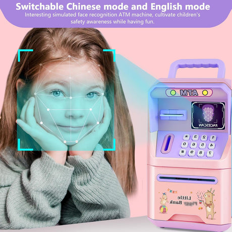 Kids ATM Money Bank with Face Recognition and Music, Smart Voice, Secure Lock, Large Capacity, Ideal Birthday Gift for Boys and Girls