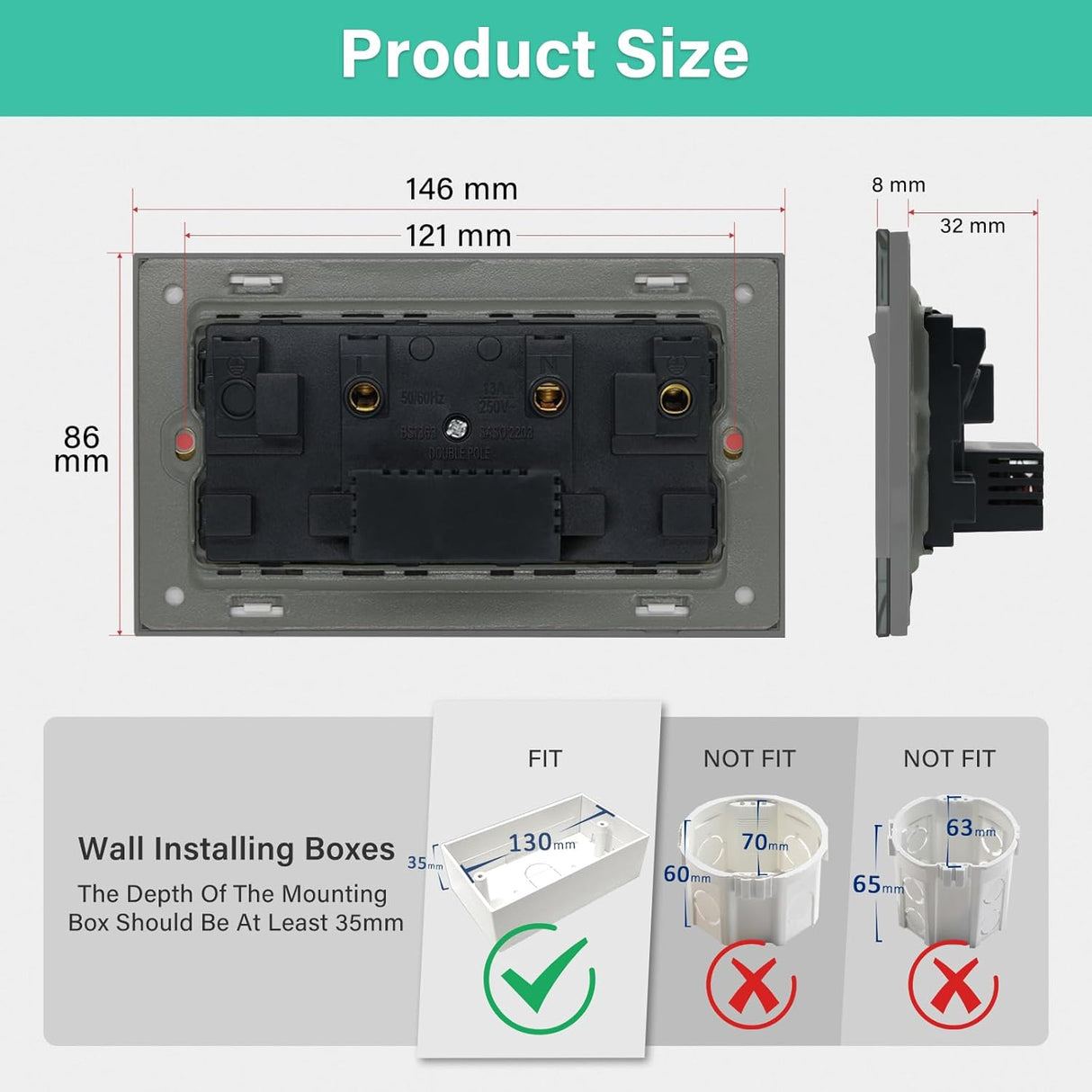BSEED Double Switched Wall Socket 2 Gang Black with USB C & USB A Charging Ports, 13A Wall Electric Power Socket with Glass Panel