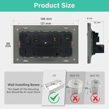 BSEED Double Switched Wall Socket 2 Gang Black with USB C & USB A Charging Ports, 13A Wall Electric Power Socket with Glass Panel