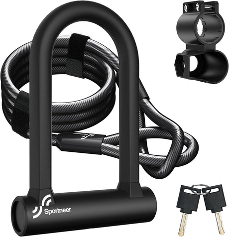 Sportneer Bike Lock Set Heavy Duty U Lock with 5 Ft Security Steel Cable for Road Mountain Bike