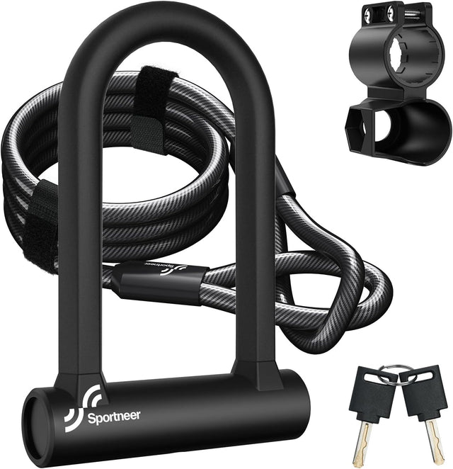 Sportneer Bike Lock Set Heavy Duty U Lock with 5 Ft Security Steel Cable for Road Mountain Bike