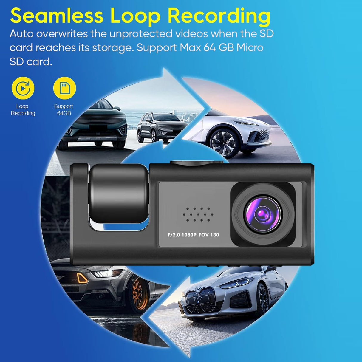 Exrp 3 Channel Dash Cam Front and Rear Inside, 1080P Dash Camera for Cars, Dashcam Three Way Triple Car Camera with IR Night Vision, Loop Recording, G-Sensor, Parking Monitor, 24 Hours Recording