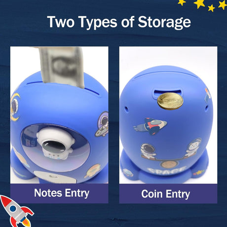 Rocket Ship Coin Bank for Boys Money Safe Astronaut Coin Banks for Kids Cash Coin Can ATM Bank Coin Money Bank for Kids with Key Astronaut Sticker Practical Gifts for Children Boys and Girls (Blue)