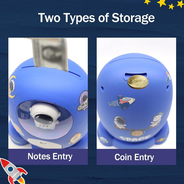 Rocket Ship Coin Bank for Boys Money Safe Astronaut Coin Banks for Kids Cash Coin Can ATM Bank Coin Money Bank for Kids with Key Astronaut Sticker Practical Gifts for Children Boys and Girls (Blue)