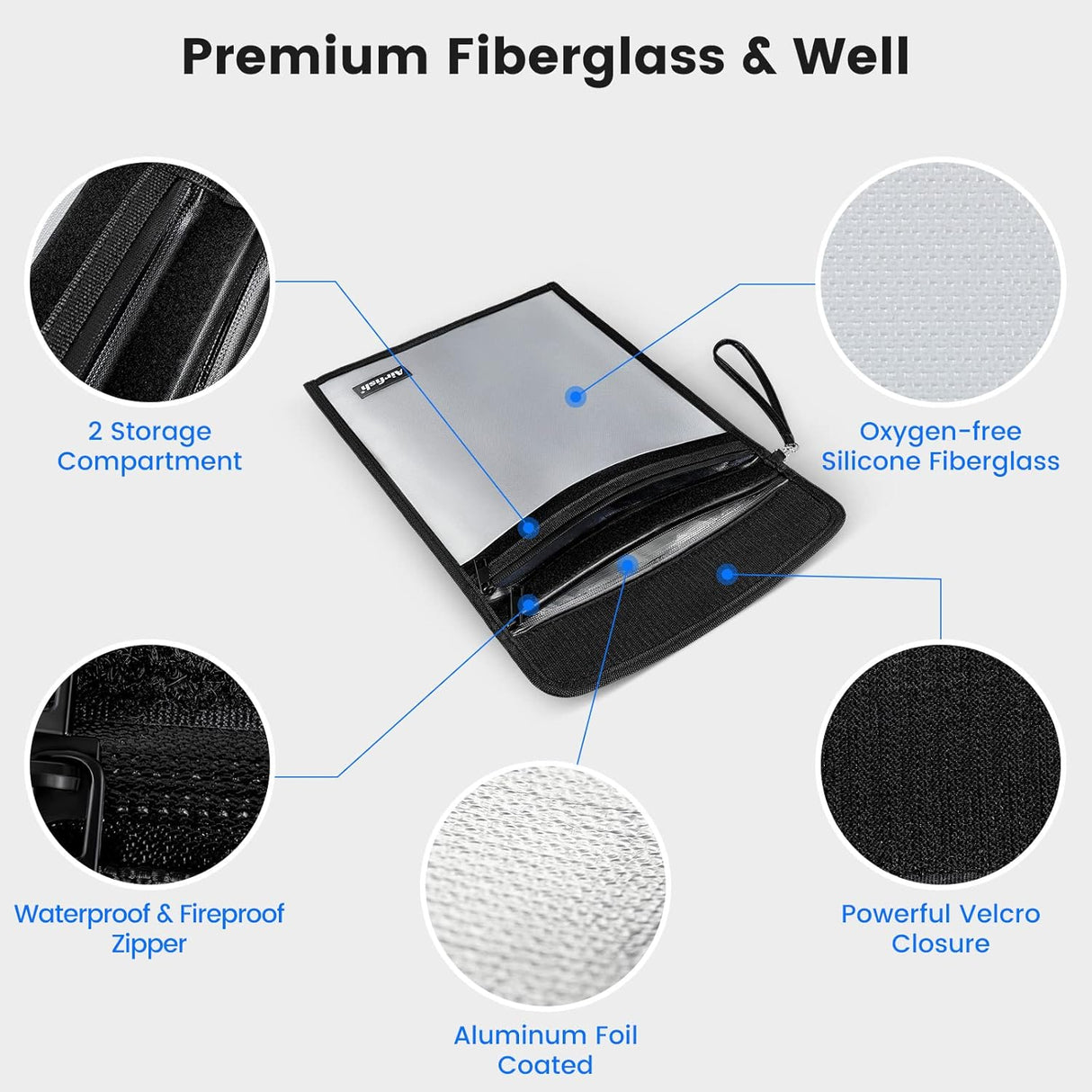 Large Fireproof Document Bag with Waterproof Zipper &Wider Airtight Velcro,15"x 11Non-ltchy Silicone Coated Fiberglass Fire and Water Safe Bag for File, Cash,Jewelry and Valuables