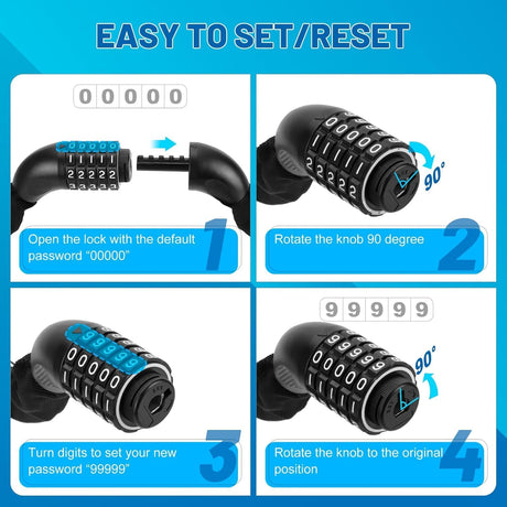 Bike Lock 5-Digit Combination Bike Lock 110CM Anti-Theft Bicycle Lock Resettable Bike Lock Chain for Bicycle, Motorcycle and More