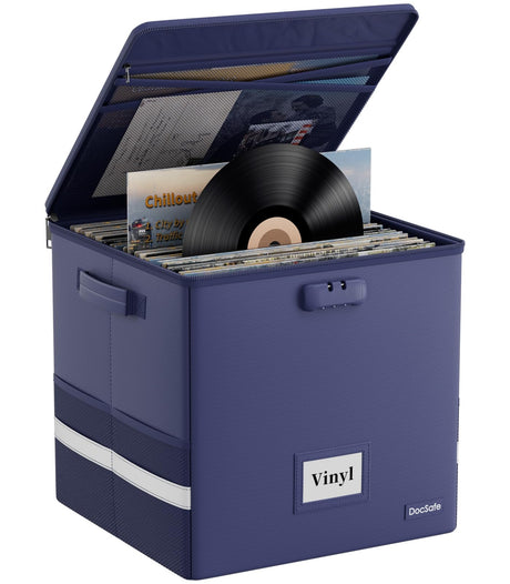 DocSafe Vinyl Record Storage Box with Lock,Fireproof＆Water Resistant Record Organizer Storage for 100+ Single Records(12-inch),Collapsible Storage Crate with Lid&Handles for Valuable Album Collection