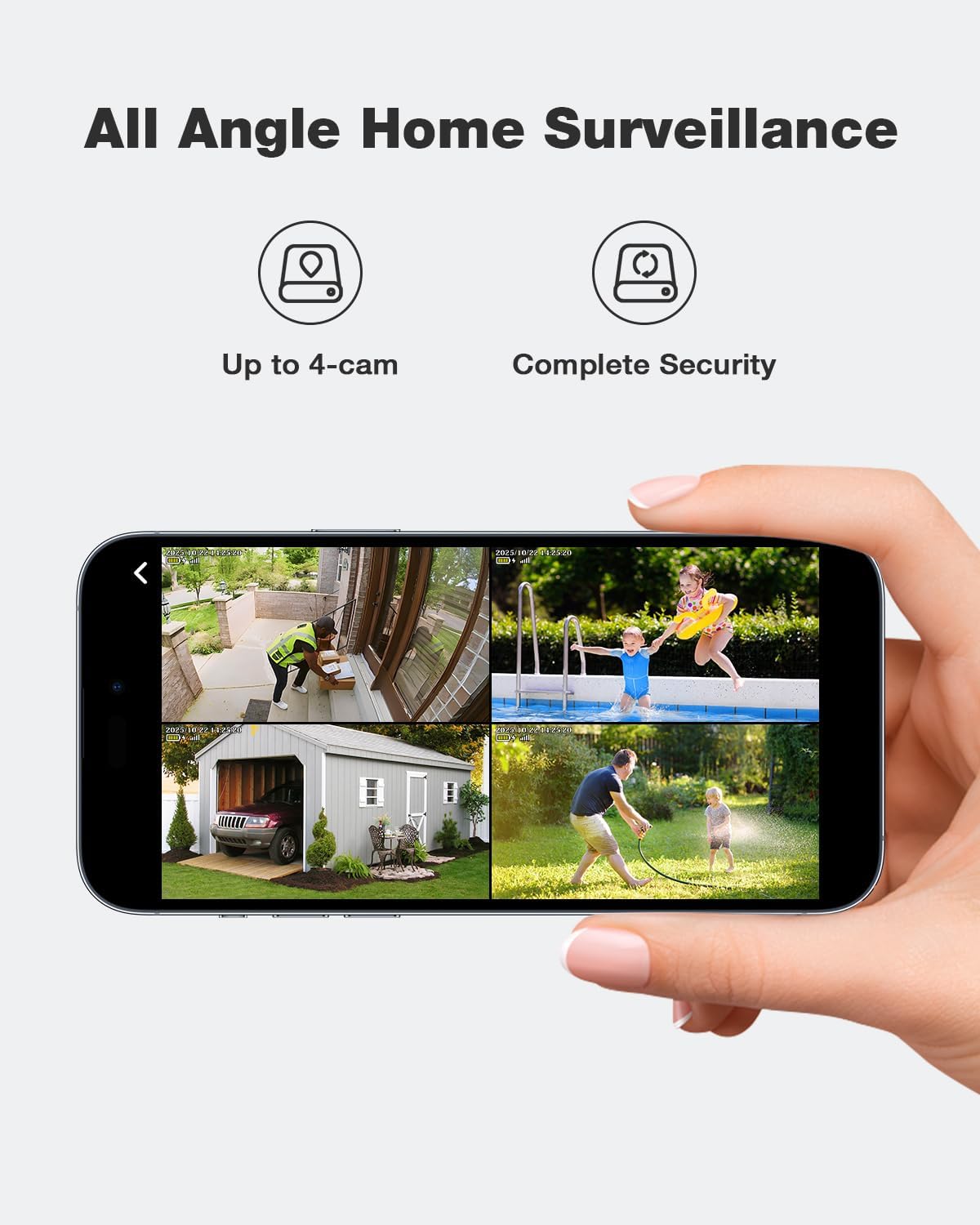 SEHMUA Security Cameras Wireless Outdoor (4-cam-kit), No Subscription Fee | 64GB Built-in Storage, 360° PTZ Coverage, 4MP Live Video, Color Night Vision, Instant Alerts, Solar Security Camera System