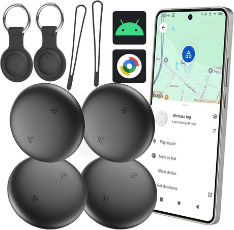 Android smart Tracker Tag - 4 Pack, Bluetooth GPS Tracker for Android Phones, Compatible with Google Find My Device, Item Locator for Luggage, Keys, Backpack, IP66 Waterproof (4 Pack)