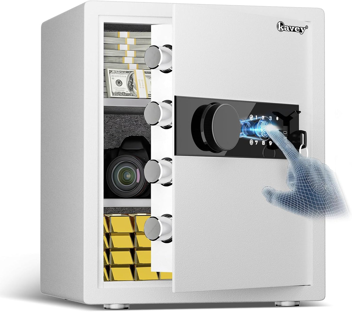 kavey 2.0 Cub Biometric Safe Box, Home Safe with LCD Keypad & 2 Adjustable Shelves, Fingerprint Money Safe with Dual Alram & Mute Alarm, Large Security Cabinet Safe for Vaulables (White)
