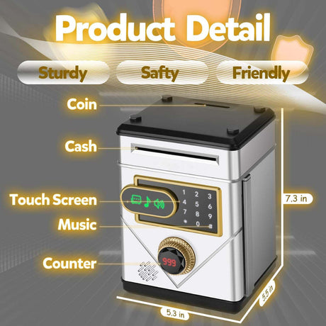 Piggy Bank for Kids, Touchscreen Electronic Piggy Bank Mini ATM, Coin Banks with Password & 10 Songs, Auto Money Scroll, Counting The Number, Adults Digital Real Money Box (Silver)