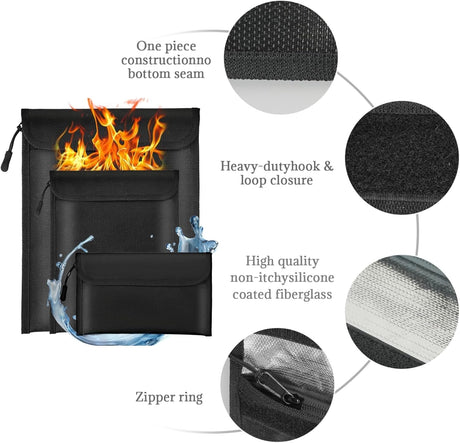 Fireproof Waterproof Document Bag 3-Pack Black 2000℉ Money Bag for Cash Passports ID Cards Social Security Card Protector Waterproof Zipper Pouch Fire Proof Bank Bag Document Holder