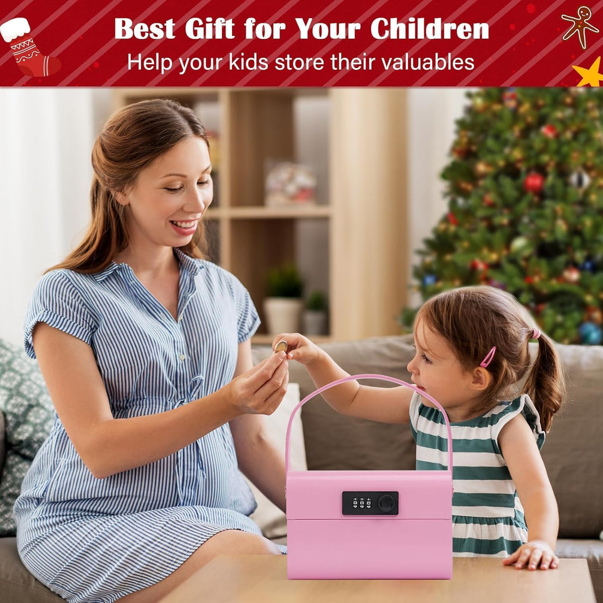 Mini Safe Box for Kids - Portable Money Lock Box with Combination Lock for Cash, Jewelry & Valuables, Lightweight Security Safe Metal Money for Cash Saving for Kids Boys Girls (Pink)