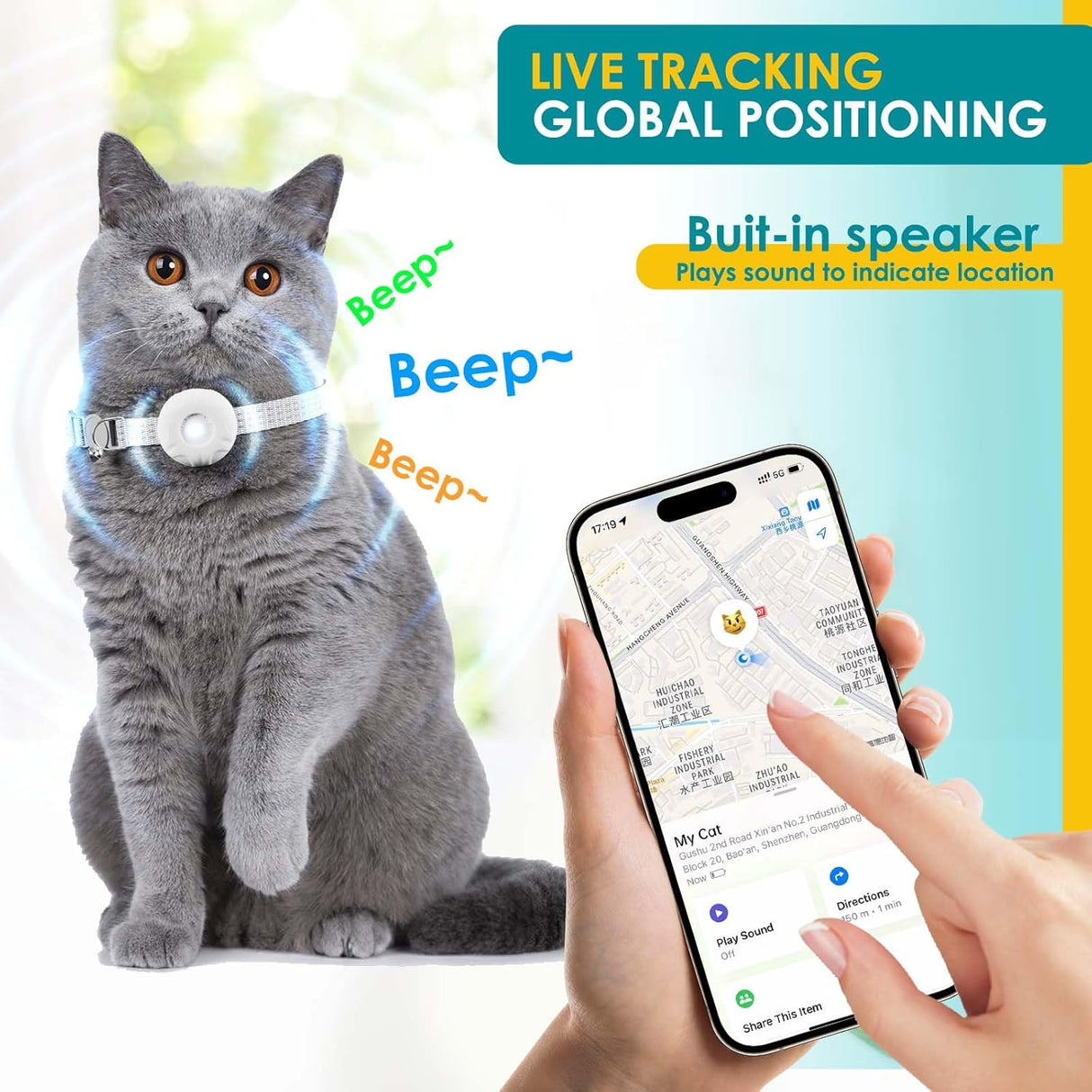 Cat Tracker, GPS Tracker Compatible with Apple Find My App(Only iOS), Waterproof Cat Tracker Collar with Bell and Safety Elastic Buckle, No Subscription, Up to 1-Year Battery (White)