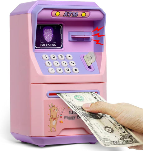 Kids ATM Money Bank with Face Recognition and Music, Smart Voice, Secure Lock, Large Capacity, Ideal Birthday Gift for Boys and Girls