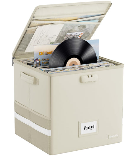 DocSafe Vinyl Record Storage Box with Lock,Fireproof＆Water Resistant Record Organizer Storage for 100+ Single Records(12-inch),Collapsible Storage Crate with Lid&Handles for Valuable Album Collection